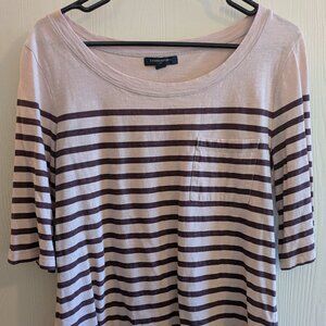 Banana Republic Womens Tan and Brown Striped 3/4 Roll Tab Button Sleeve Tee